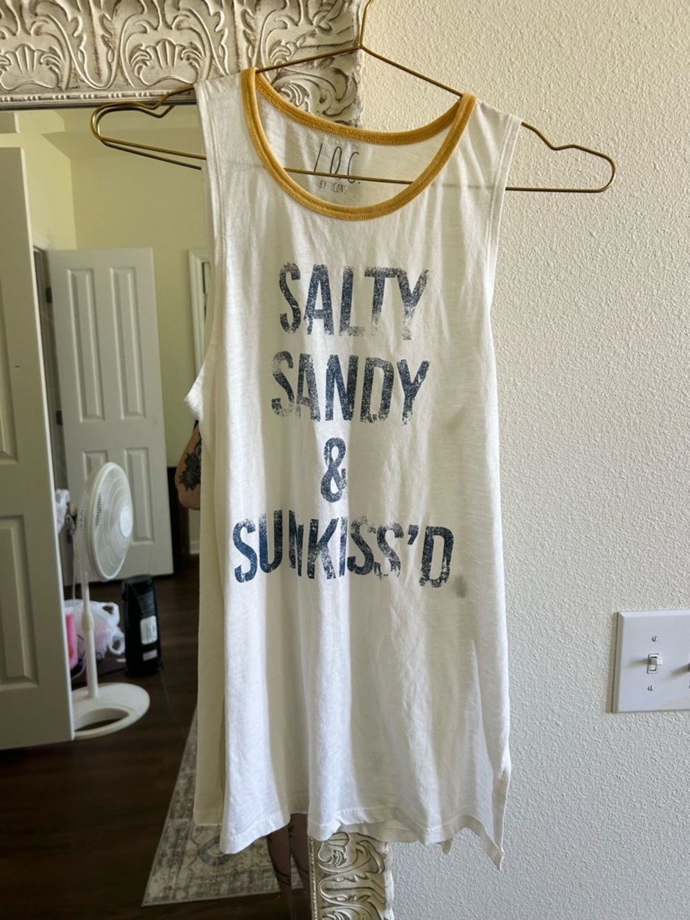 White Graphic Tank Top with Mustard Trim - Casual Beach Tank
